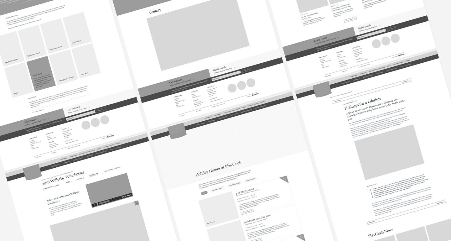 A montage of website mockups with various layouts, text, images, and navigation elements in grayscale.