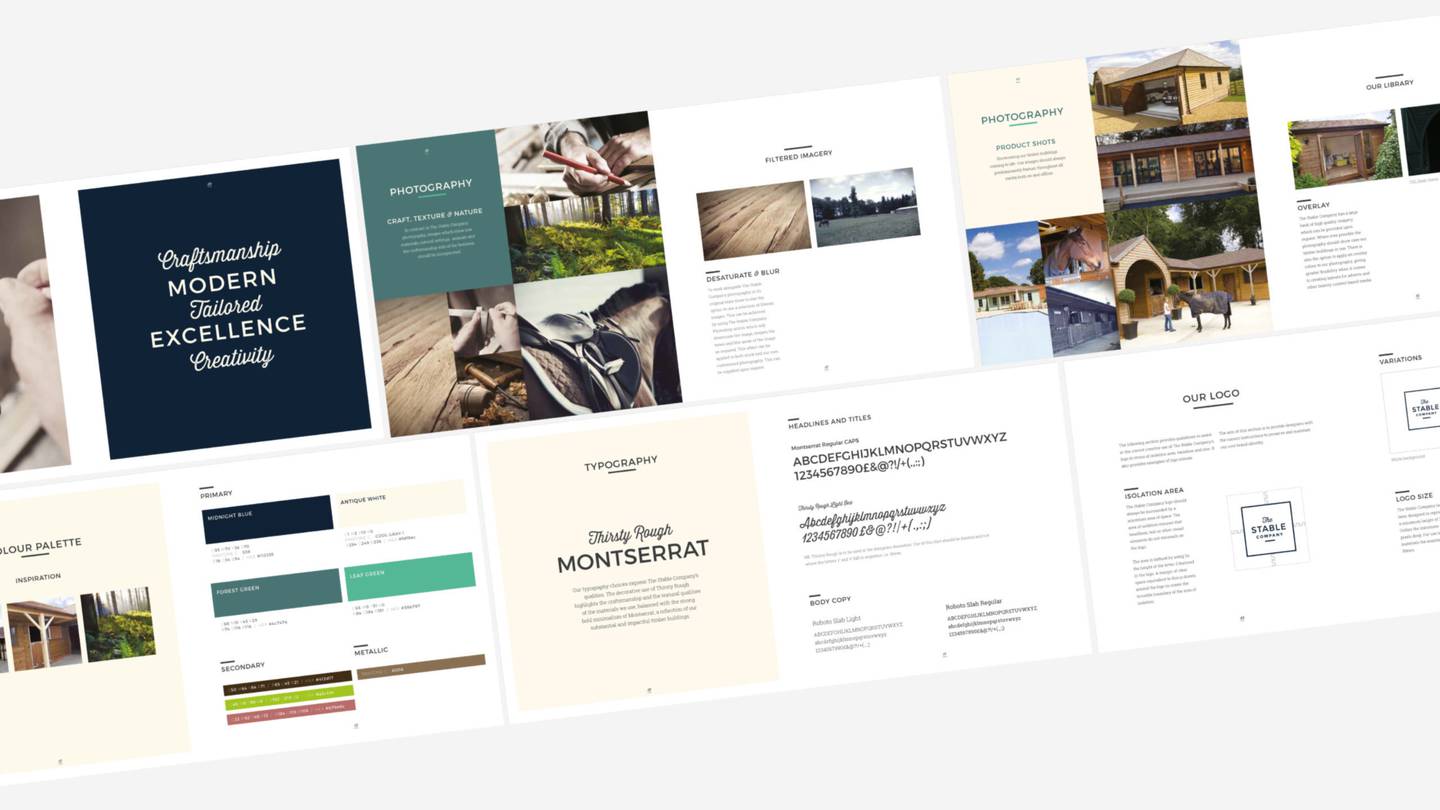 A colour palette and typography guide for a modern, craft-focused brand featuring wooden structures, with images of construction and design elements.