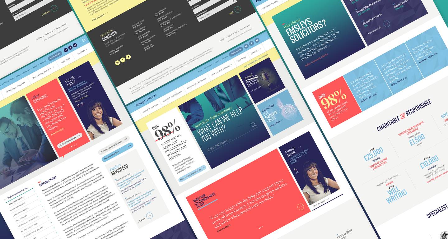 Multiple overlapping webpage screenshots with colorful sections, text, testimonials, and contact information from a legal or consultancy website.