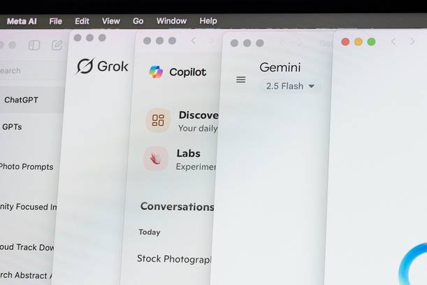 Multiple application windows open on a Mac desktop, including Meta AI, Grok, Copilot, Gemini, and Meta AI, with a colourful logo on one window's corner.