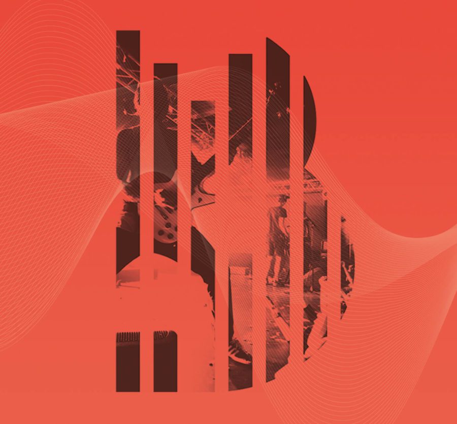 Abstract digital illustration with vertical black shapes and faint figures on a red background, accented by flowing lines and subtle gradients.