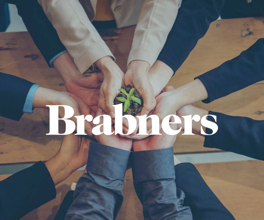 Multiple people in business attire hold a small plant in a pot together over a wooden table. The word "Brabners" is written across the image.
