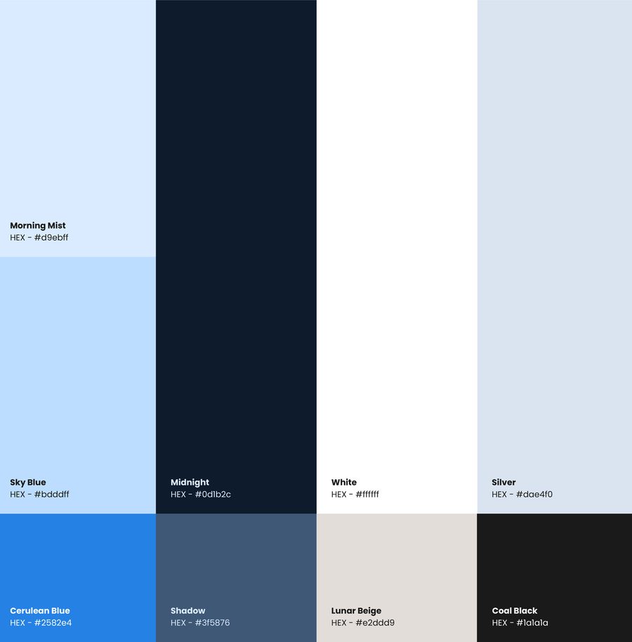 Color palette displaying eight swatches with hex codes: Morning Mist, Sky Blue, Cerulean Blue, Midnight, Shadow, White, Lunar Beige, Silver, and Cool Black.