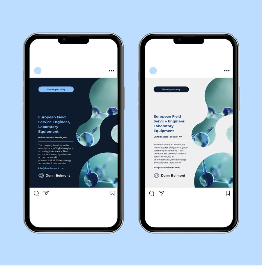 Two smartphone screens displaying a job opportunity post for a European Field Service Engineer position at Dunn Belmont, featuring laboratory equipment imagery in dark and light theme versions.