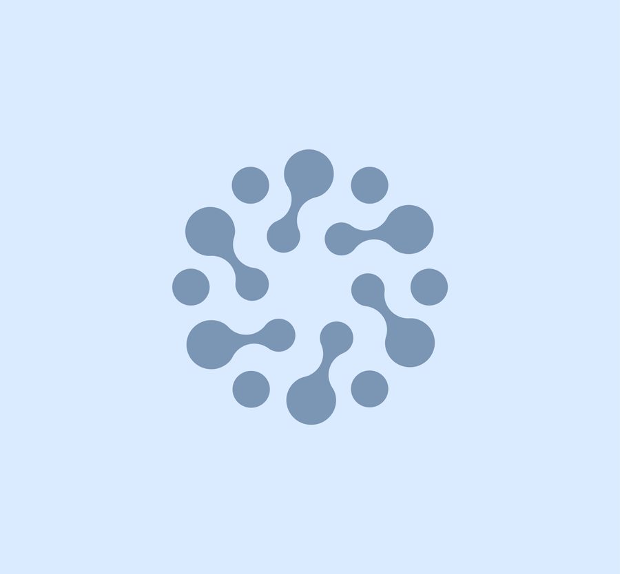 Blue molecular or network structure icon with interconnected circles and nodes arranged in a circular pattern on a light blue background.