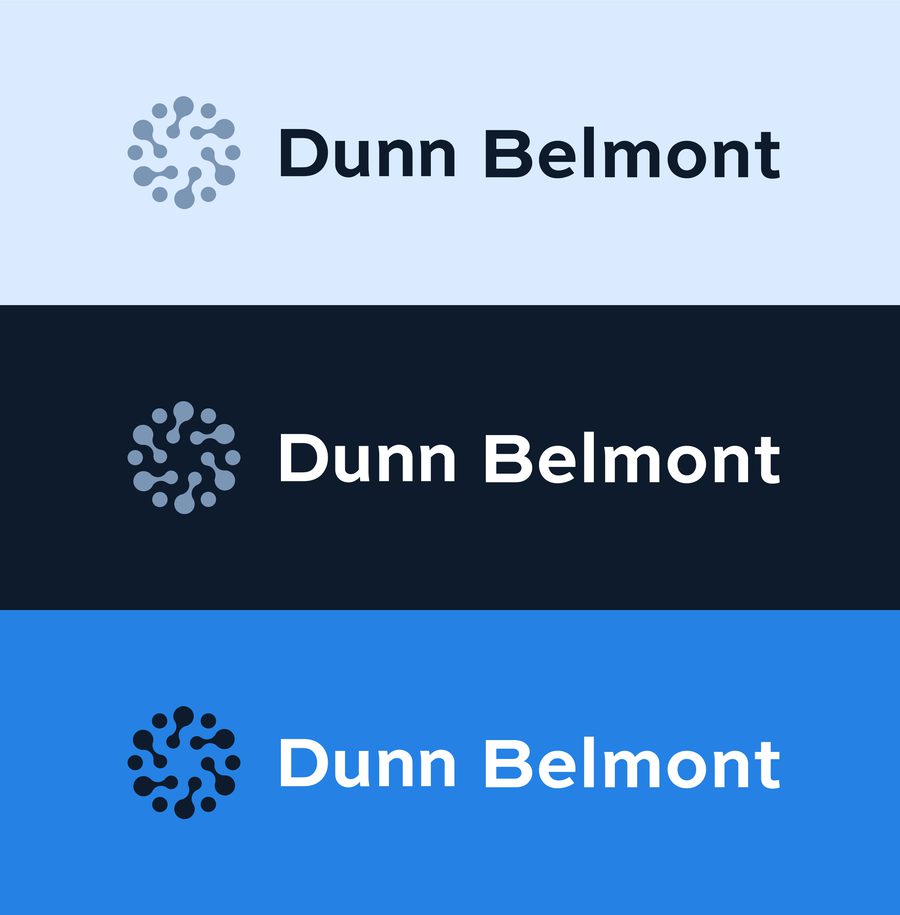 Dunn Belmont logo displayed three times on light blue, dark navy, and bright blue backgrounds, showing circular geometric icon with text wordmark.