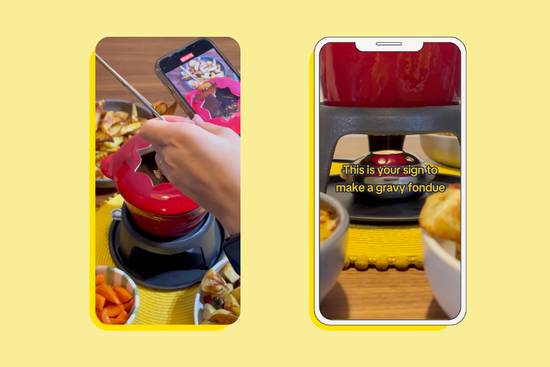 Two smartphone screens displaying cooking videos on yellow background, showing fondue preparation and gravy-making demonstrations with kitchen equipment and food ingredients.
