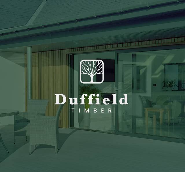 A modern patio with outdoor furniture, large glass doors, and a logo for Duffield Timber overlaid on the image.