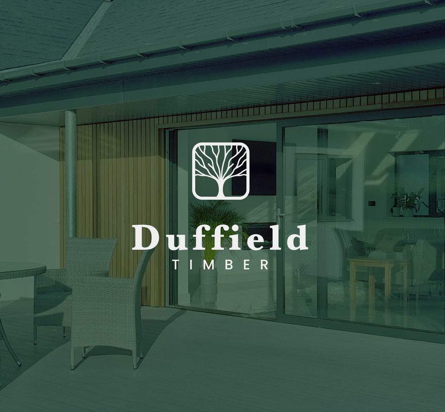 A modern patio with outdoor furniture, large glass doors, and a logo for Duffield Timber overlaid on the image.