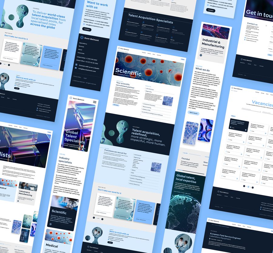 Collection of professional recruitment and talent acquisition website designs displayed at angles, featuring scientific imagery, industrial sectors, and global talent specialist branding with dark and light colour schemes.