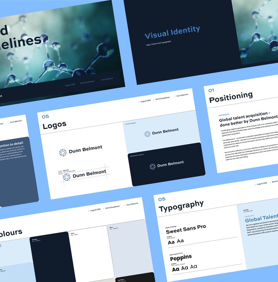 Dunn Belmont brand guidelines layout showing visual identity, positioning, logos, typography, and colour sections with molecular imagery and design specifications.