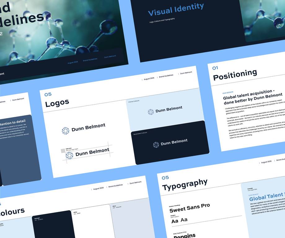 Dunn Belmont brand guidelines layout showing visual identity, positioning, logos, typography, and colour sections with molecular imagery and design specifications.