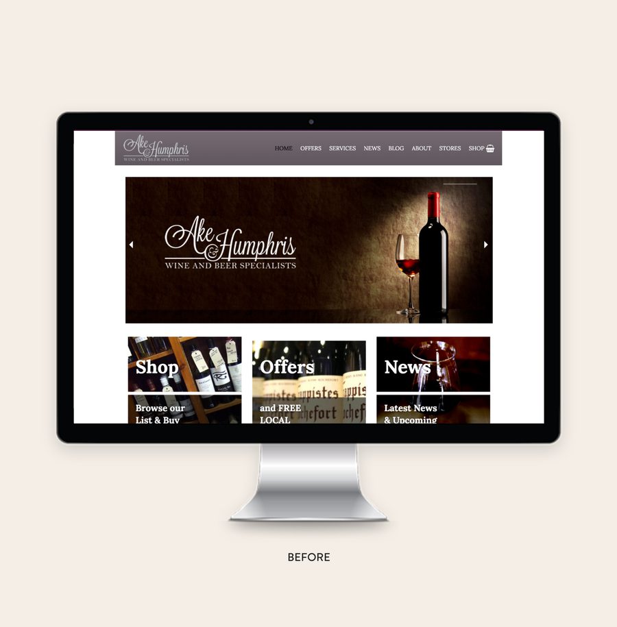 Computer screen displaying a website for Ale Humphris, wine and beer specialists, with sections for shop, offers, and news.