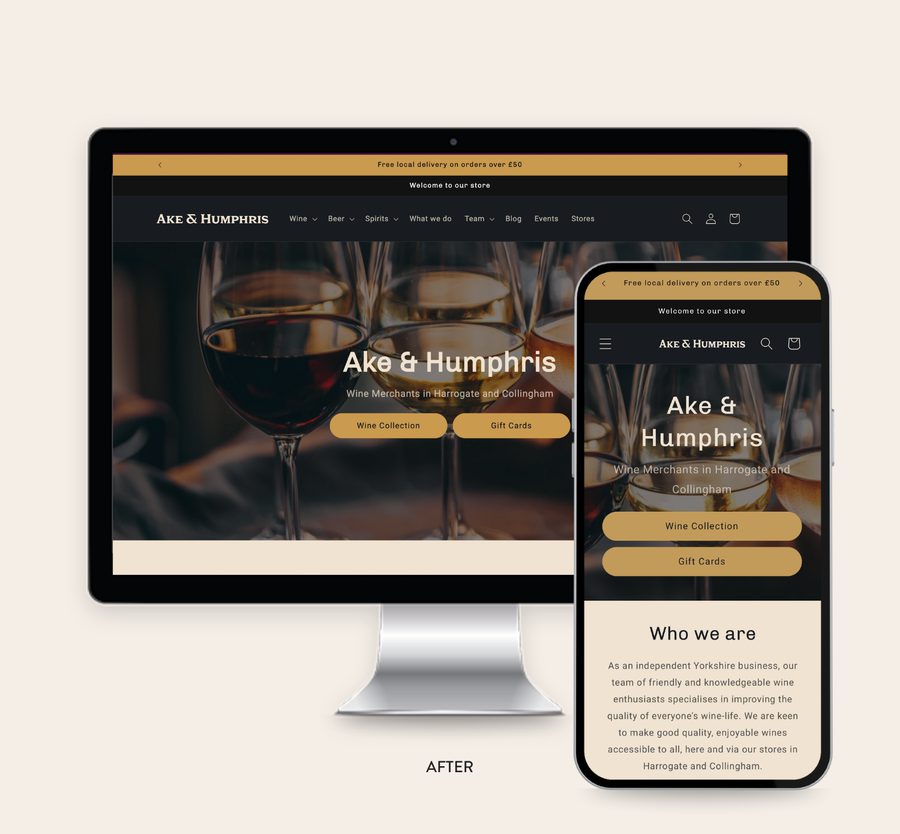 Website homepage showing wine glasses and the text "Ake & Humphris" for a wine merchant business.