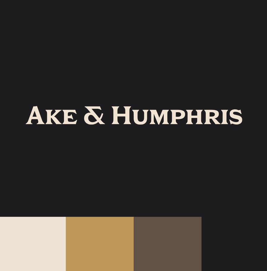 Bold text displaying "Ake & Humphris" on a dark background, with a colour block palette of cream, gold, and brown at the bottom.