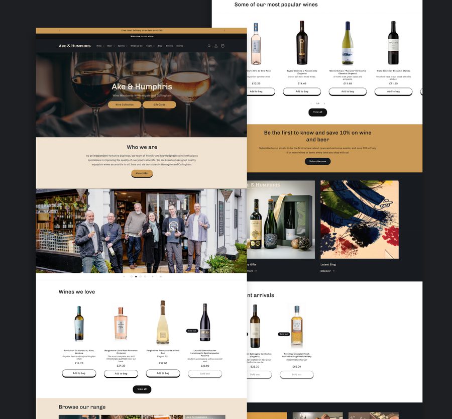 A wine shop website homepage featuring wine bottles, a staff group photo, and sections for popular wines, new arrivals, and offers, with a dark and elegant theme.