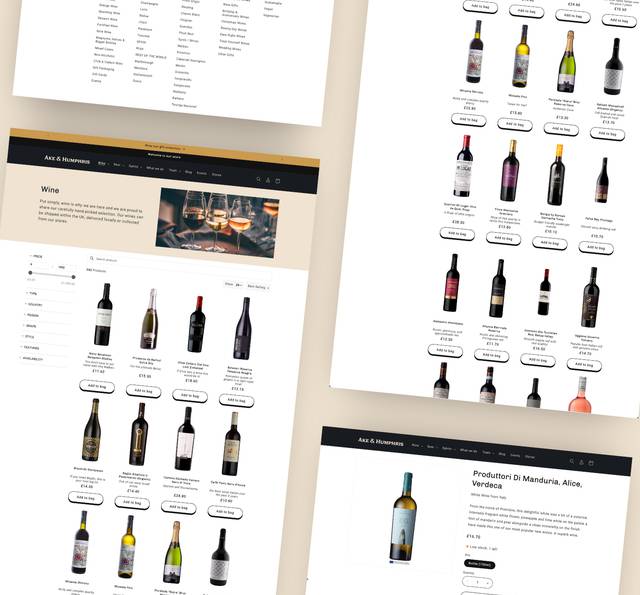 Screenshots of a wine store website showing various wine bottles, categories, and product details arranged in a grid layout.
