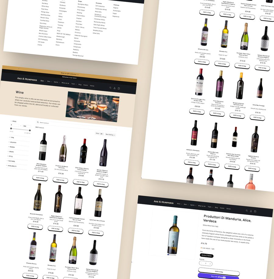 Screenshots of a wine store website showing various wine bottles, categories, and product details arranged in a grid layout.