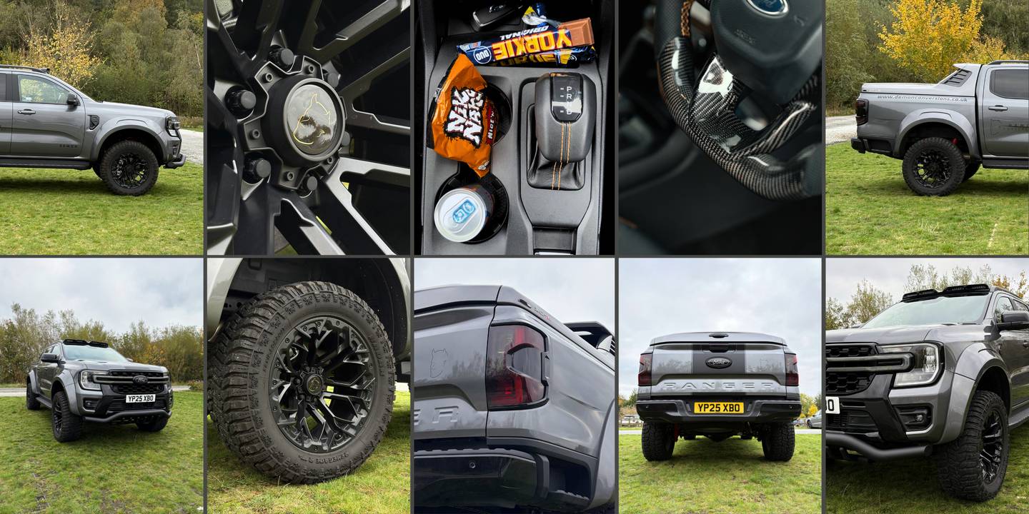 Collage of Ford Ranger pickup truck details including wheels, interior console, tyres, headlights, tailgate, and exterior views showcasing customisation and specifications.