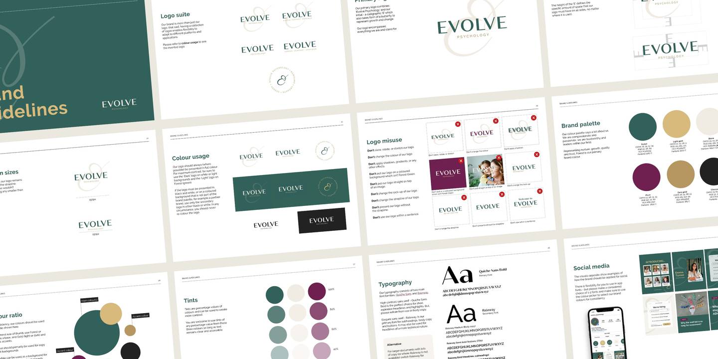 A grid of pages from brand guidelines showcasing logo variations, color palettes, typography, and social media visuals for "Evolve Psychology."
