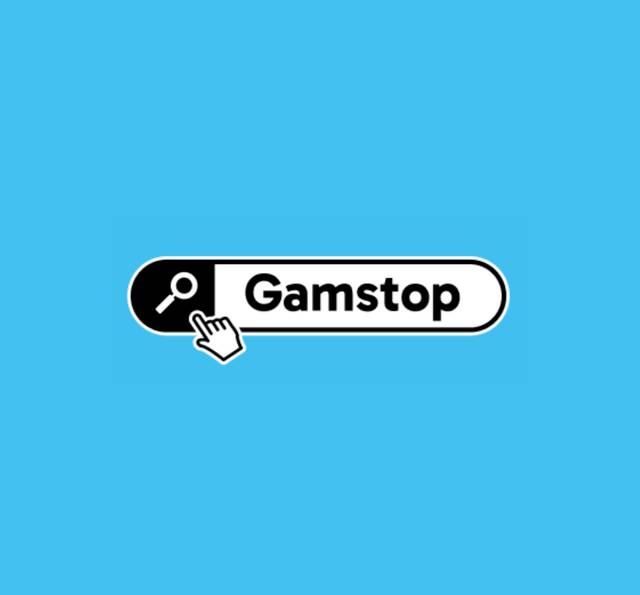 Gamstop logo with a wrench icon and pointing hand cursor on a bright blue background