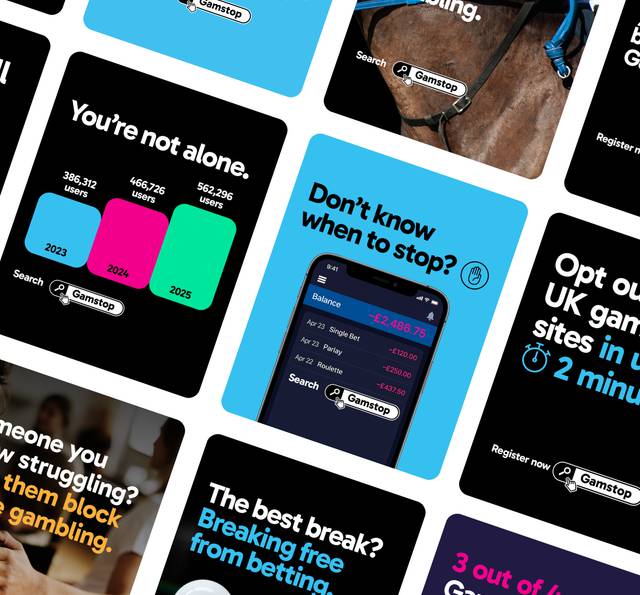 Collection of Gamstop promotional cards showing responsible gambling messaging, user statistics, betting loss tracking app interface, and harm prevention resources with blue and black colour scheme.