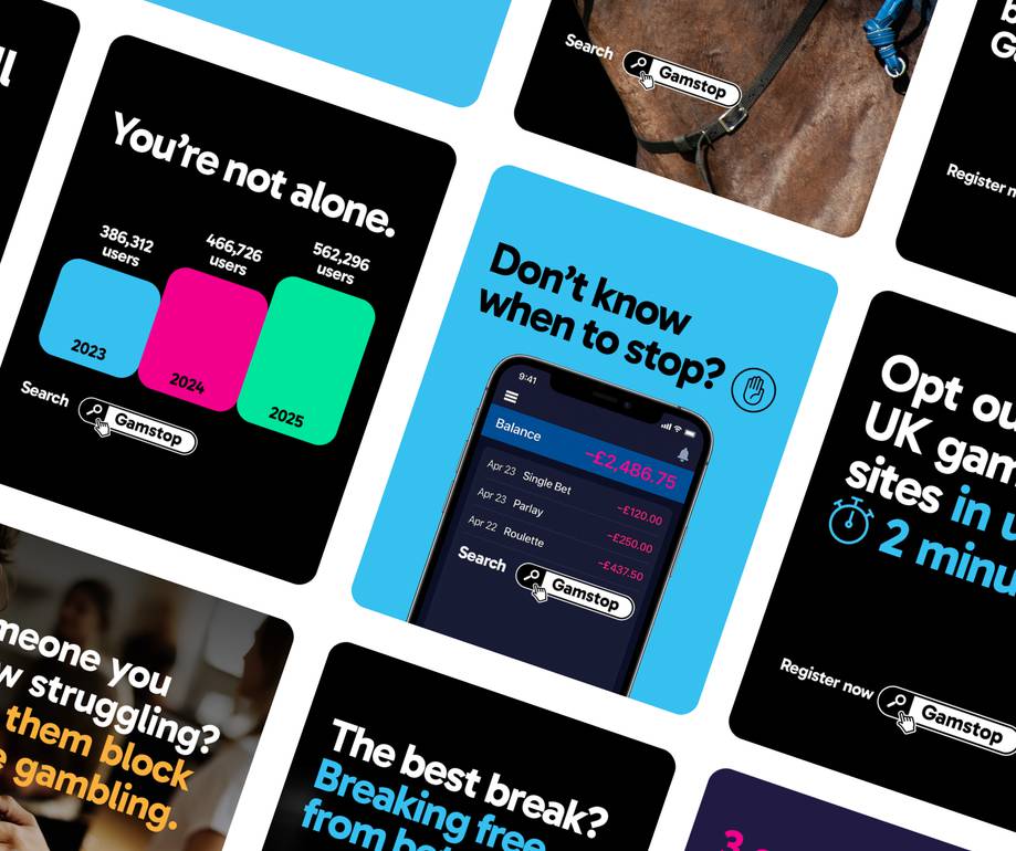 Collection of Gamstop promotional cards showing responsible gambling messaging, user statistics, betting loss tracking app interface, and harm prevention resources with blue and black colour scheme.
