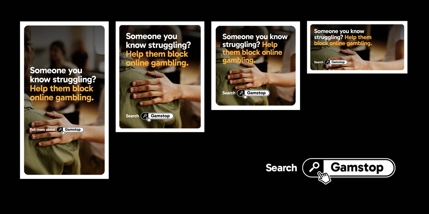 Multiple promotional cards for Gamstop, featuring supportive hands and text encouraging people to help others block online gambling by searching Gamstop.
