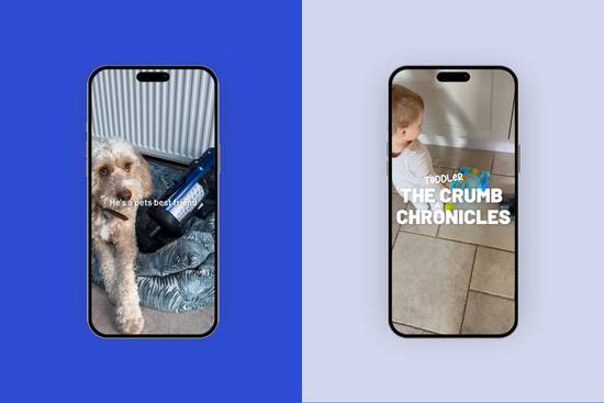 Two iPhones displaying different lockscreen wallpapers on blue and light grey backgrounds: left shows a dog with text, right shows a person with "The Crumb Chronicles" text.