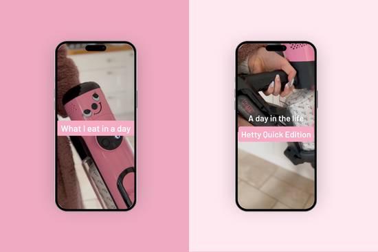 Two smartphones displaying mobile video content against a pink background. Left phone shows "What's not in a day" video, right phone displays "A day in the life - Setty Quick Edition" content.