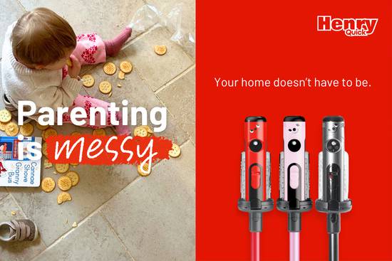 Two-panel advertisement showing a child surrounded by mess with toys and food on the left, and three Henry vacuum cleaners on the right, promoting cleaning solutions for busy households.