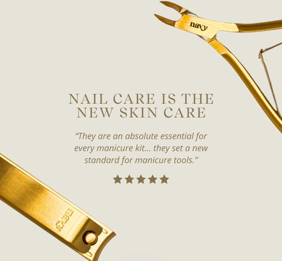 Nail care quote on beige background with gold manicure tool edges forming a frame, elegant serif text, five gold stars beneath.