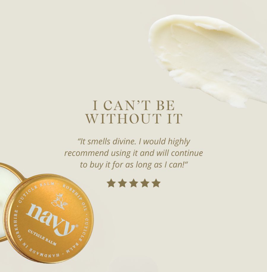 Creamy beige background with a white cream smear top right and an orange tin labelled “naw” bottom left; gold stars and elegant quote text in the centre.