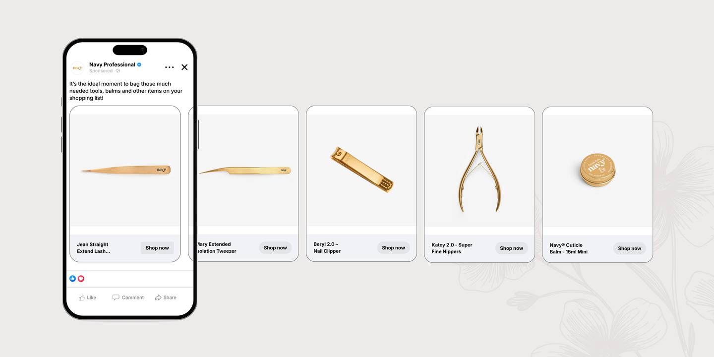 Golden beauty tools and accessories arranged in a row: tweezers, nail clippers, cuticle balm, and precision tools on light grey background.