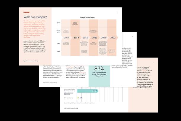 Two overlapping pages from a report with charts, text, and a timeline about digital marketing and privacy changes, in a professional layout.