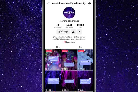 A smartphone displaying a TikTok profile titled "Avora: Immersive Experience" against a starry purple background.