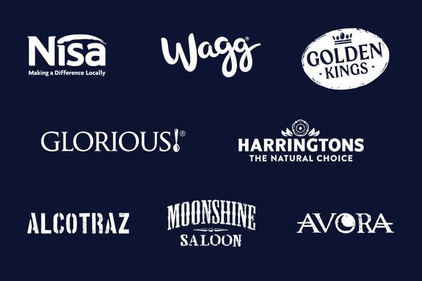 Collection of nine white logo designs on a dark blue background, featuring various brand names with diverse fonts and styles arranged in three rows.