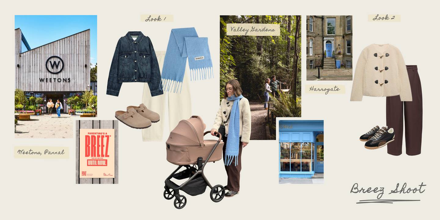 Mood board for a Breez shoot featuring two fashion looks with locations, clothing items, a pram, and accessories displayed against a cream background.