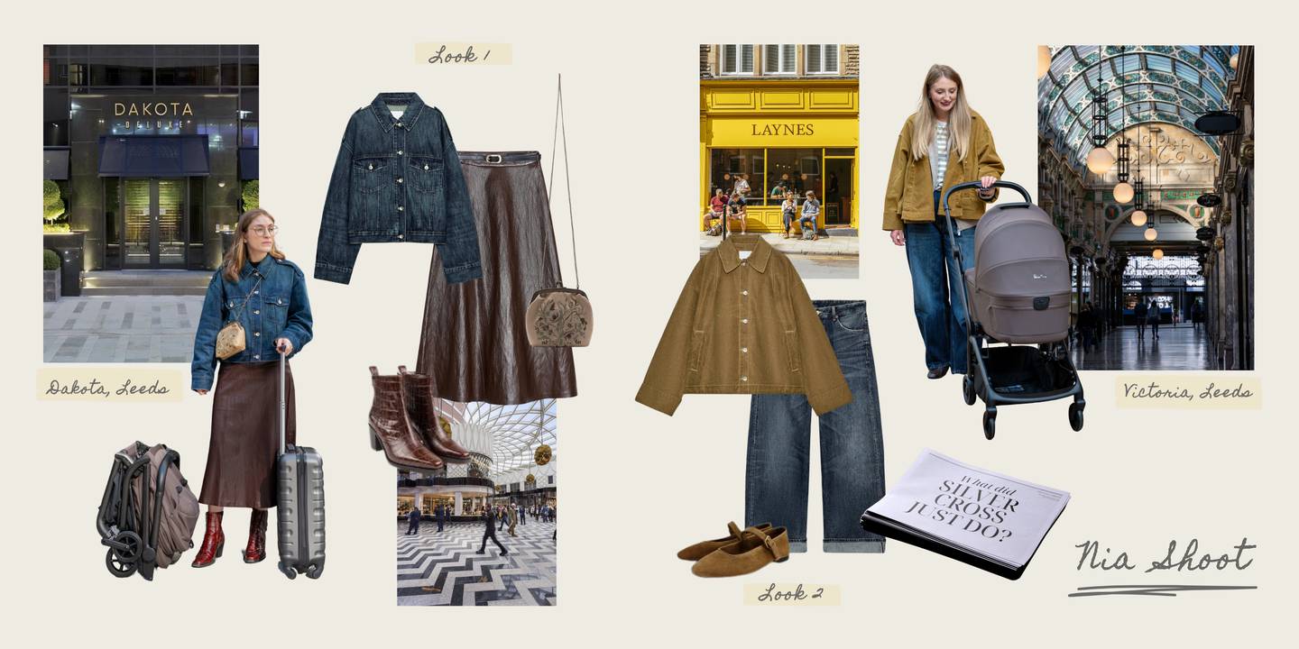 Fashion mood board featuring two outfit looks with styling details, location photography, and a person posing with a pram in urban settings