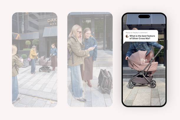 Three mobile phone screenshots showing a pram product displayed in urban settings, with social media comments asking about features of the Silver Cross Nia pram model.