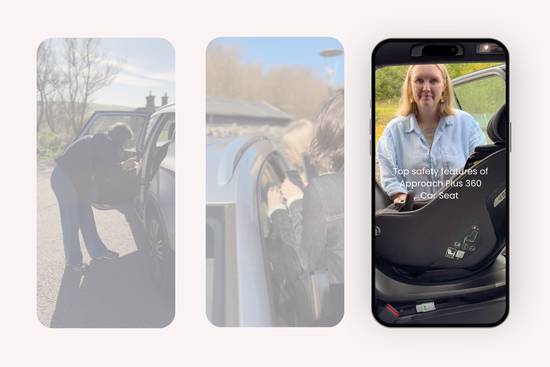 Three mobile phone screenshots showing a person demonstrating car seat safety features, including installation steps and the Approach Plus 360 Car Seat's top safety features.