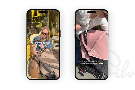 Two smartphone screens displaying product photos: left shows a person at a café holding a beige baby bag with text "Matching accessories included"; right shows a pink stroller hood with text about Silver Cross Zest stroller.