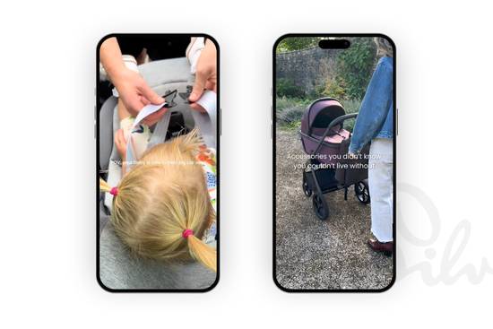 Two smartphone screens displaying parenting content: left screen shows a child with pigtails in a car seat; right screen shows a purple pram with text about baby accessories.