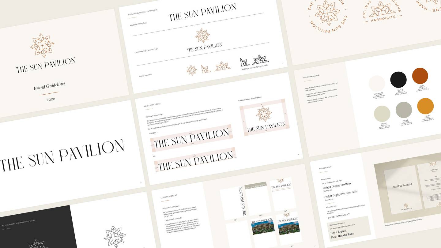 A branding guideline document for "The Sun Pavilion" featuring logo designs, colour palette, typography, and layout templates on a light background.