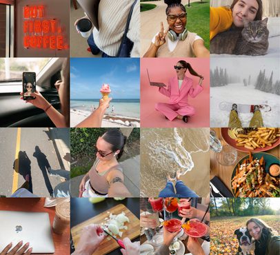A collage of diverse moments including coffee sign, woman with laptop, woman with headphones, person with cat, person taking selfie, ice cream at the beach, woman with laptop in pink, snowy mountains, shadowed walk, woman outdoors, feet in the sea, plate of fries, dishes, MacBook, food prep, cocktails, and a woman with dog in autumn leaves.