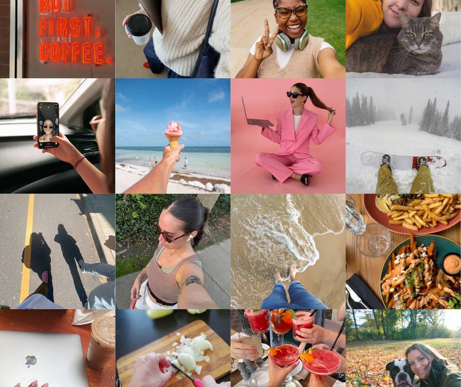 A collage of diverse moments including coffee sign, woman with laptop, woman with headphones, person with cat, person taking selfie, ice cream at the beach, woman with laptop in pink, snowy mountains, shadowed walk, woman outdoors, feet in the sea, plate of fries, dishes, MacBook, food prep, cocktails, and a woman with dog in autumn leaves.