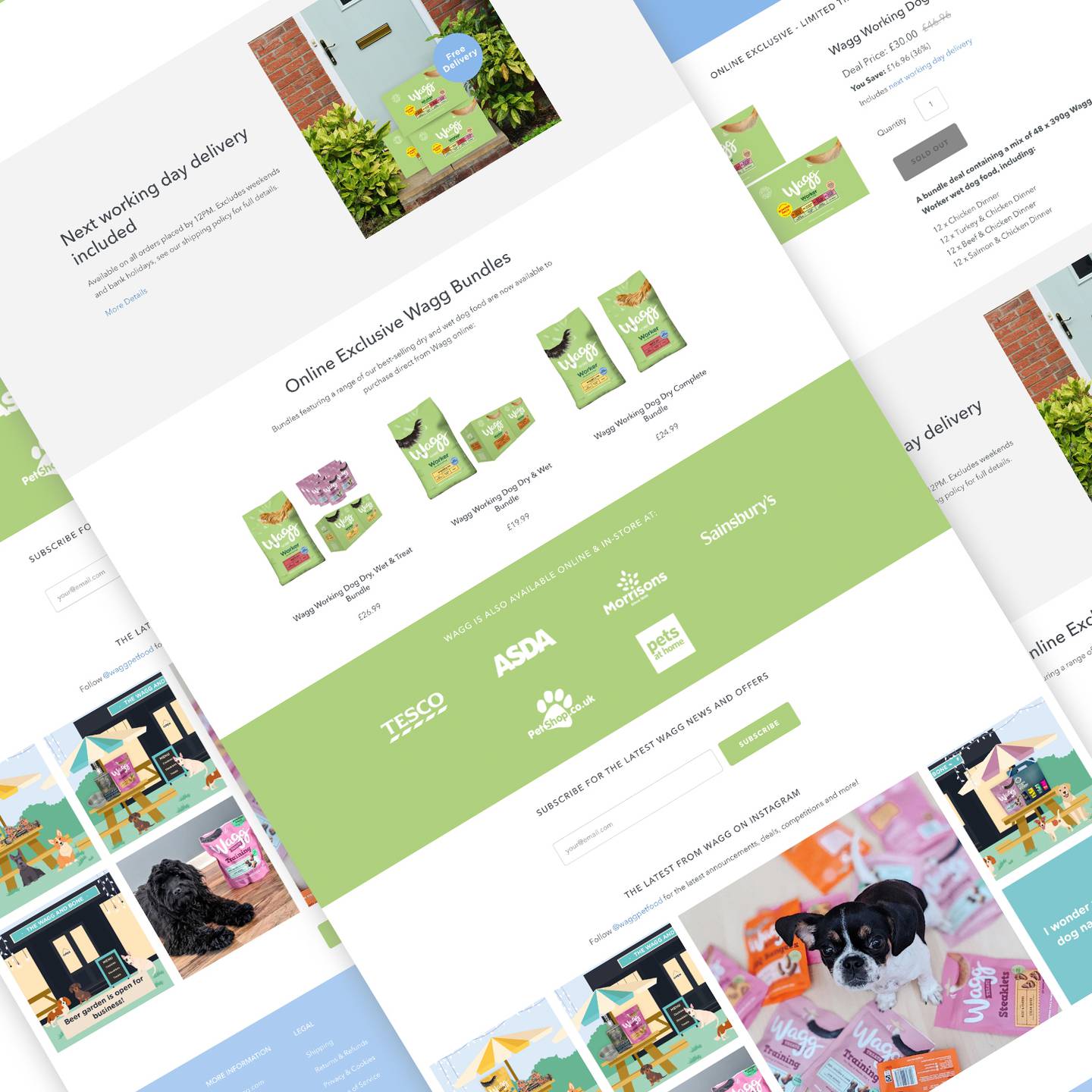 Dog sitting on Wagg pet food packets in a shop display, with a focus on the product and store advertising, featuring bright colours and packshots.