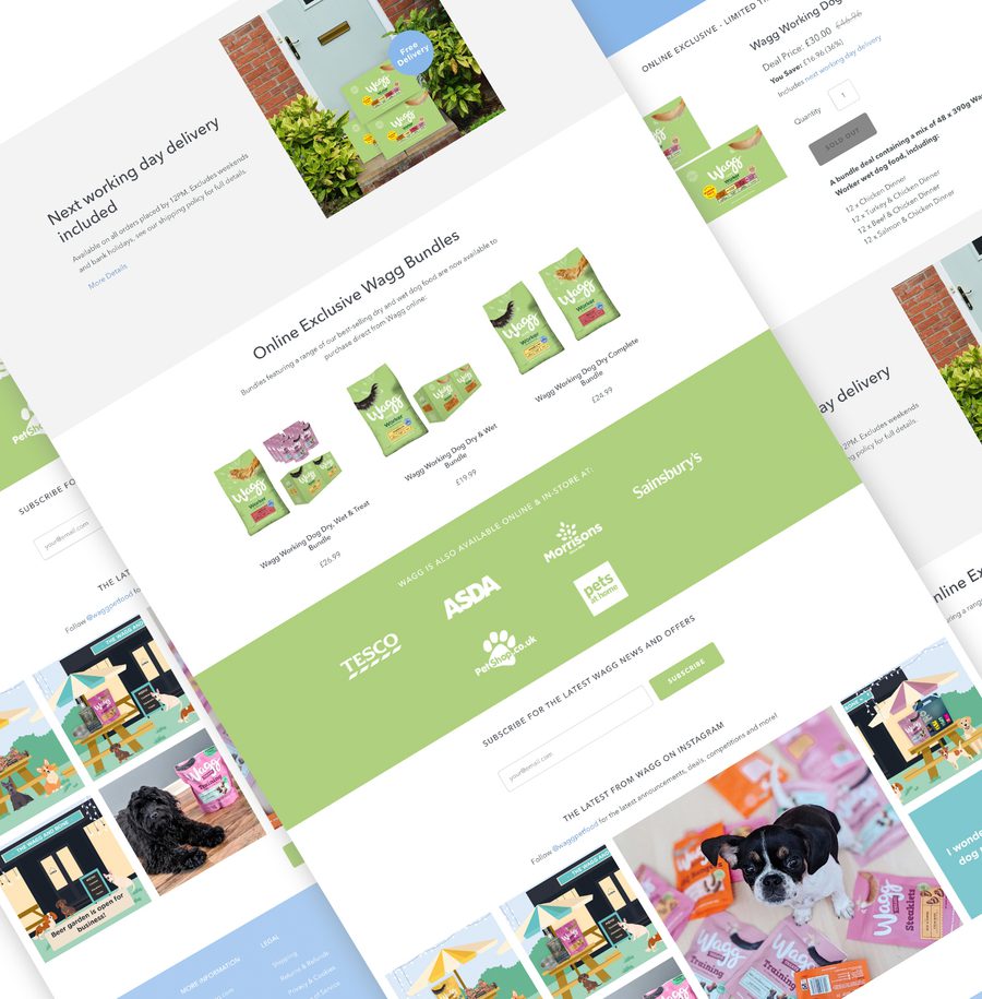 Dog sitting on Wagg pet food packets in a shop display, with a focus on the product and store advertising, featuring bright colours and packshots.