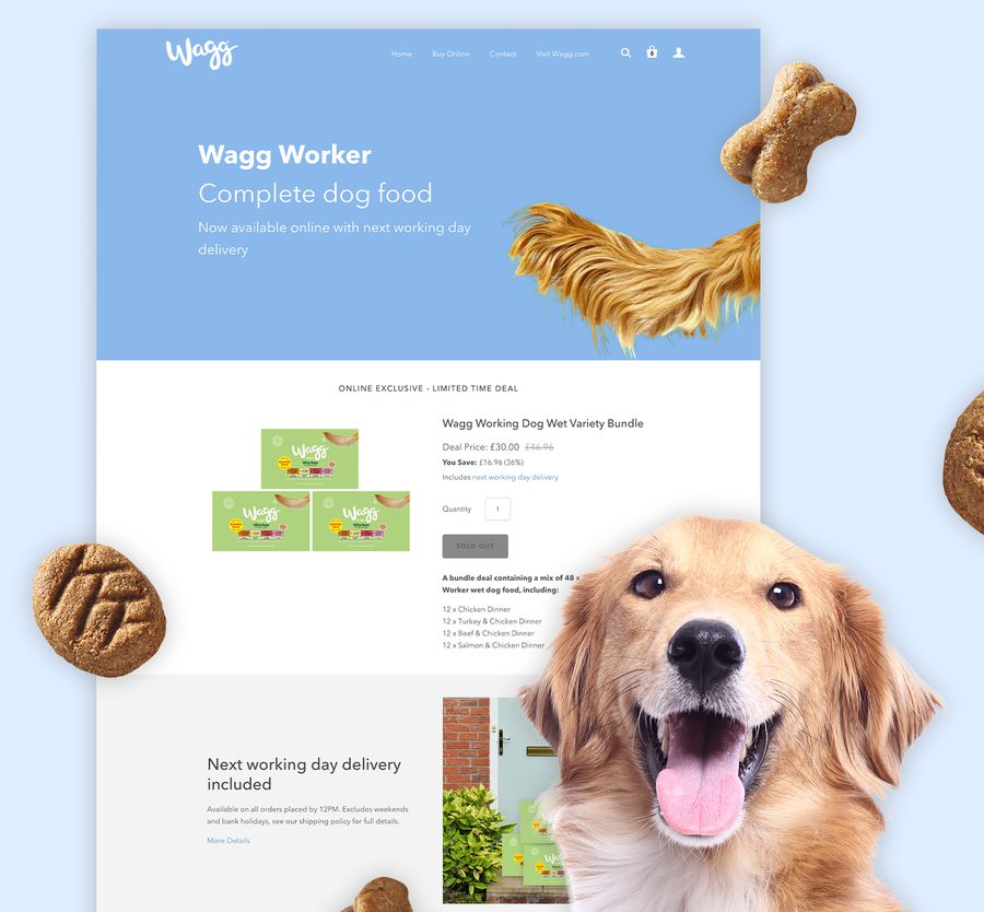 A happy golden retriever's face with its tongue out, surrounded by dog food products and toys on a light blue background.