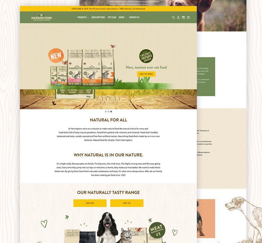 Dog food packaging with a dog and a cat illustration, set against a natural, outdoor-themed background on a pet food website homepage.